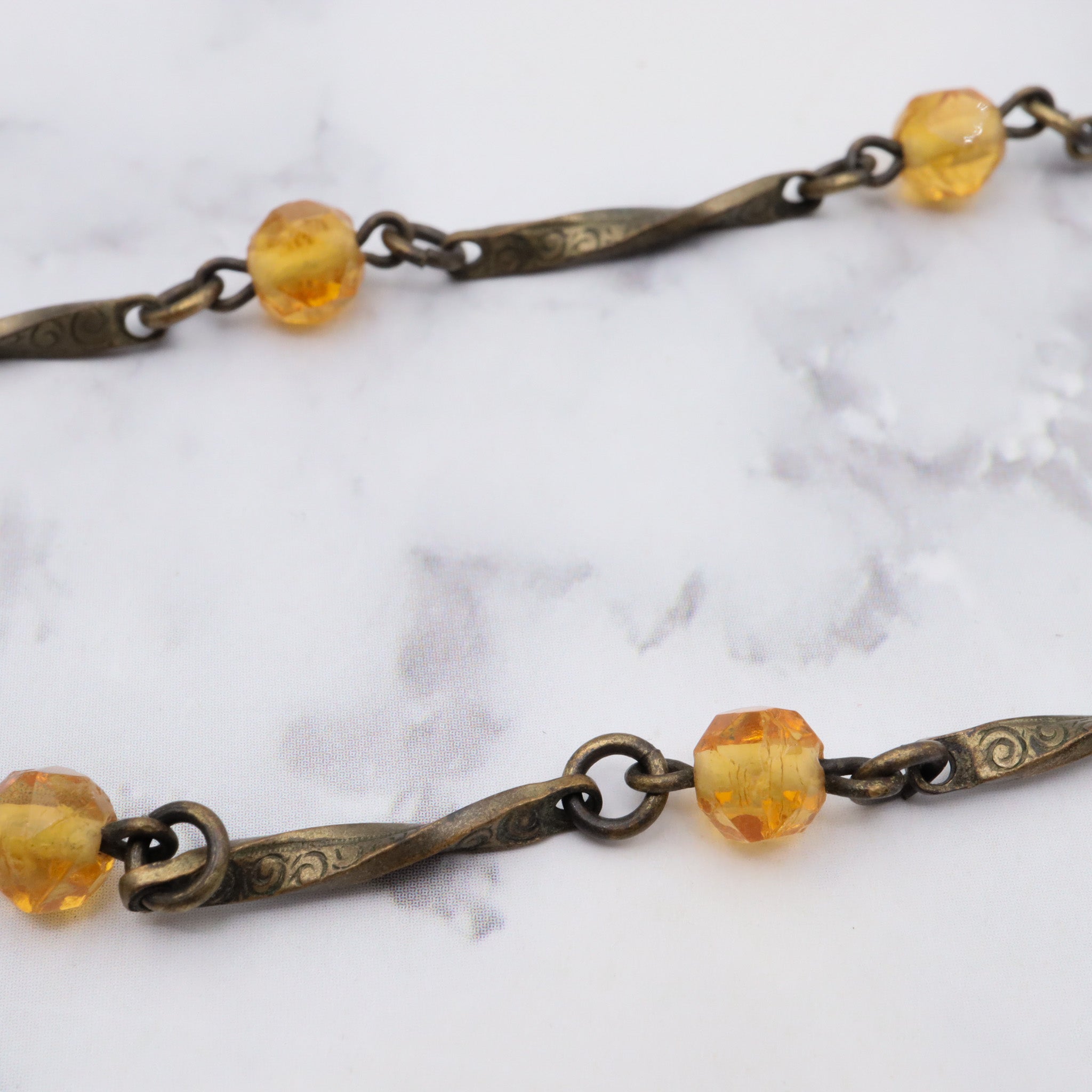 Antique Art Nouveau brass & amber glass necklace, 25"